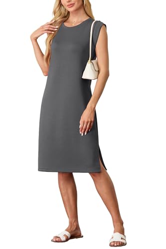 GRECERELLE 2025 Women Summer Round Neck Casual Loose Split Wrinkle-Free Midi Dress with Pockets (XS-3XL)