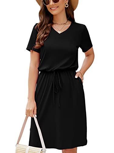 HUSKARY Women Summer Casual Midi Dresses Short Sleeve V Neck Drawstring Knee Length T Shirt Dress with Split and Pocket