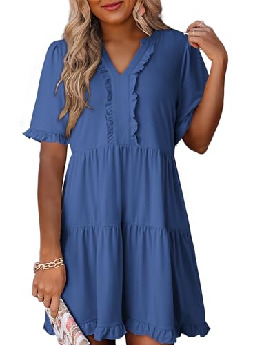 Dokotoo Womens Dresses 2025 Summer Spring V Neck Short Sleeve Casual A Line Flowy Swing Shift Dress Mini Dress
