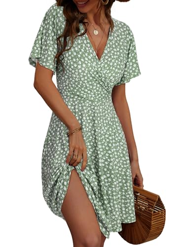 FENSACE Womens Sundress Summer Floral Short Sleeve Wrap V Neck A-Line Midi Dress
