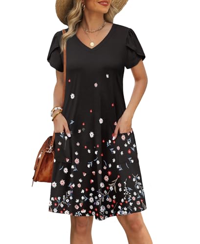 OFEEFAN Womens Summer Dresses 2025 Tulip Petal Short Sleeve V Neck Loose Swing Sundresses with Pockets Plain/Print