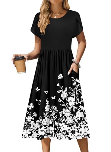 Zeagoo Women Summer Short Sleeve Midi Dress with Pockets Casual Aline Flowy Tshirt Dress Floral Vocation Beach Sundress