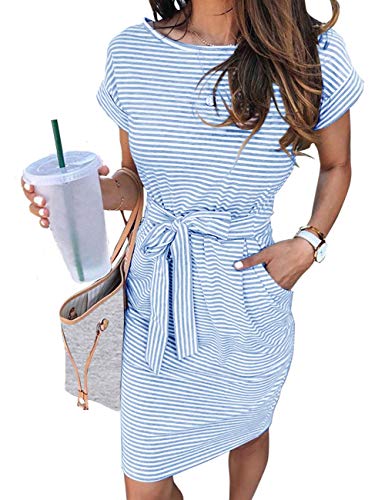 MEROKEETY Women's Summer Striped Short Sleeve T Shirt Dress Casual Tie Waist with Pockets